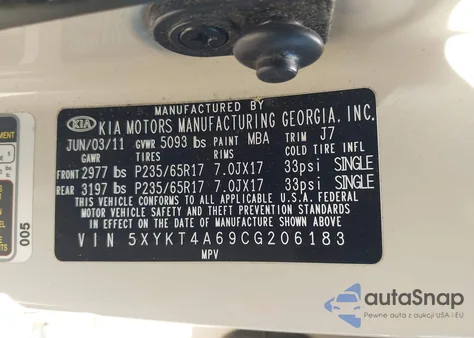 2012 Kia Sorento Lx z USA, uszkodzony, nr VIN 5XYKT4A69CG206183